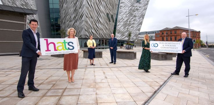 Pictured (L-R) David Roberts, Director of Strategic Development Tourism NI; Roisin McKee, Project Director of the HATS network; Joanne Stuart, CEO NI Tourism Alliance; Stephen Meldrum, NIHF President and General Manager Grand Central Hotel Belfast; Judith Owens, member of the HATS executive and CEO of Titanic Belfast and Ciaran O’Neill, chair of HATS and Managing Director, Bishop’s Gate Hotel.