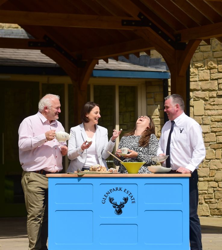 Glenpark Estate owners Selina and Richard Beattie join Sheena Dickson, Landscape & Activities Tourism Manager, Tourism NI, and David McKinley, Architect as they launch new facilities at the park.  The project was part funded by Tourism NI Experience Development Programme.